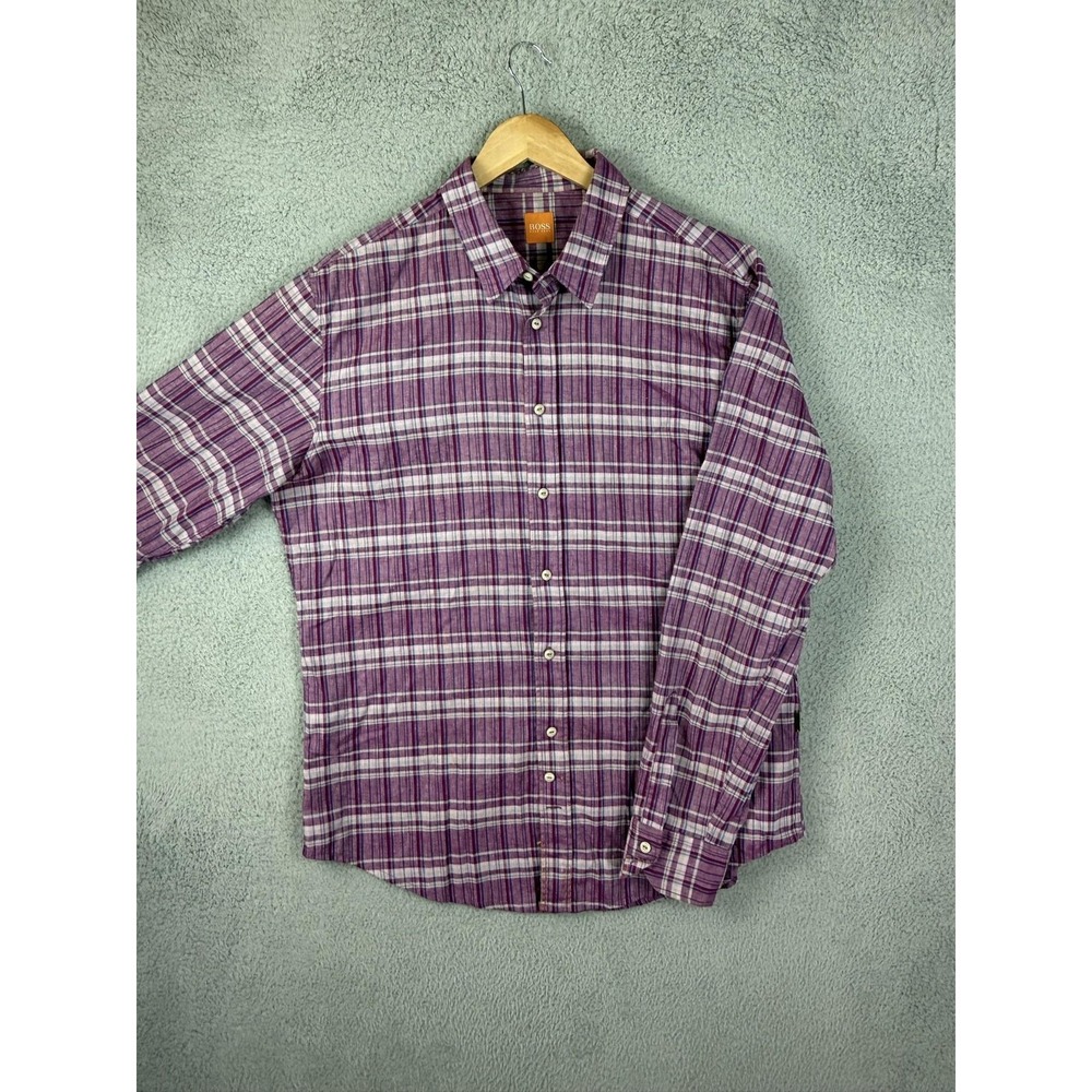 Hugo Boss Shirt Mens XL Purple Plaid Linen Cotton Long Sleeve Button Casual Mens